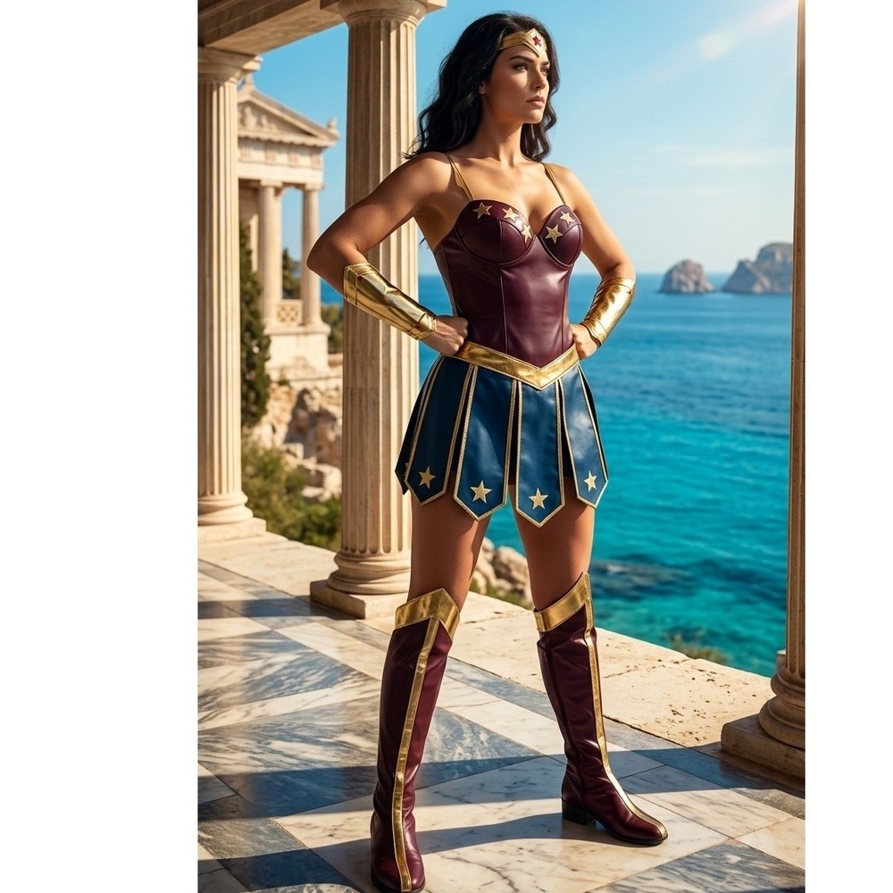 Wonder Woman Costume Set Faux Leather Superhero Cosplay Warrior Romper Skirt S/M